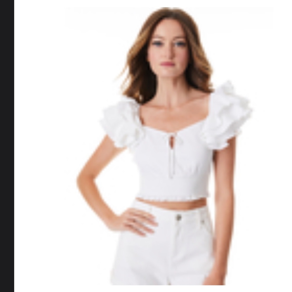 SHANAE RUFFLE SLEEVE TIE FRONT TOP by Alice and Olivia